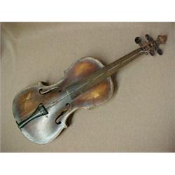 Full Size Violin, back hand carved with castle, back tigered, hand carved scroll, in wooden violi...