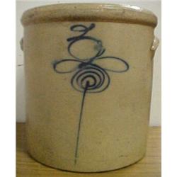 Blue marked salt glazed crock, ear handles, blue swirl and line decoration, hairline crack on bot...