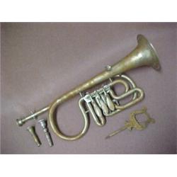 Coronet, 19th C., rotary valves, worn silver over brass, length 15 1/2" without mouth piece, bell...
