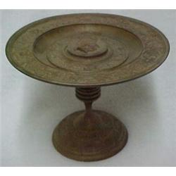 Bronze card tray, compote form with raised banded decoration and raised center cameo of gladiator...