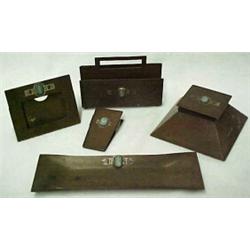 Heintz Art Metal Shop five piece desk set with applied silver and blue jasperware cameos, includi...