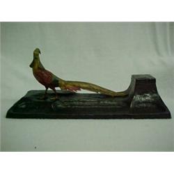 Bronze Art Deco inkstand with cold painted figure of a pheasant on top, hinged square lid on inkw...
