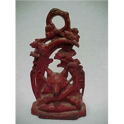 Cast iron doorstop, fox head in stylized floral and branch bramble, original red paint, impressed...