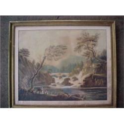 Framed watercolor, landscape with bridge over a stream, waterfall with people, unsigned, American...
