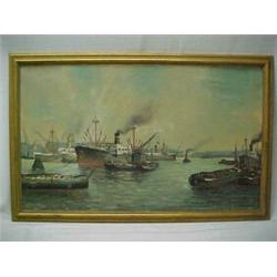 Framed oil on canvas, river scene with ships, unsigned, some damage, attributed to Johan Hendrik...