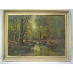 Framed oil on canvas, landscape with stream, signed R.O. Unverdross (Raphael Oskar), (L.R.), list...