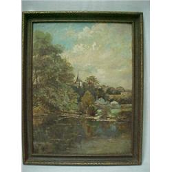 Framed oil on canvas, landscape with town and lake, signed with monogram P.A.L. (L.L.), 19th C. A...