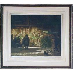 Framed colored aquatint, "Market Scene", signed in pencil Auguste Brouet, listed Frenchman 1872-1...