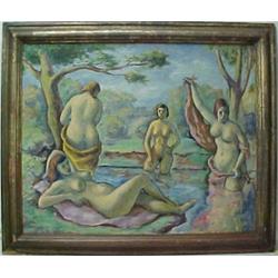 Framed oil on canvas, Women Bathing in a Stream, signed on reverse (Lucius Crowell, Jr.) listed A...