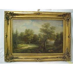 Ornate gilt framed oil on canvas, landscape, signed Hupre (L.R.), has light attached to frame, mi...