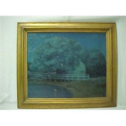 Framed oil on canvas, moonlit landscape with house and pond, signed (L.R.) H.V.B. Magonigle 1920,...