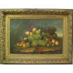 Ornate gilt framed oil on canvas, still-life/fruit in a landscape, signed J. Nodrik (L.R.), art l...