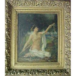 Ornate gilt framed oil on canvas of a maiden, signed (L.R.), (unreadable), art light included, mi...