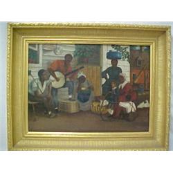 Framed oil on canvas, black slaves entertaining a white boy who is holding a hoop, American folk...