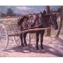 Unframed oil on canvas, horse pulling a cart, signed J. (Jakob) Koganowsky, (L.L.), listed Austri...