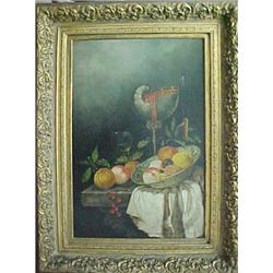 Ornate gilt framed oil on canvas, still-life fruit, signed K. Rizo (L.R.), measures approximately...