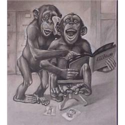 Framed watercolor and gouache, illustration of two monkeys looking at a picture album by Herbert...