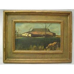 Framed oil on canvas, farm scene, signed with initials L.C. (L.R.), L. Crowell on reverse, listed...