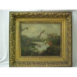 Ornate gilt framed oil on canvas, hummingbirds in tropical landscape, signed A. Redman (L.L.), li...