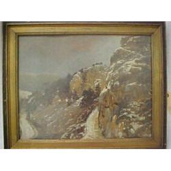 Framed oil on board, mountain landscape, signed (L.R.), (unreadable) signed and titled on reverse...