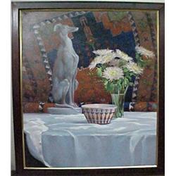 Framed oil on canvas "Whippet" 1988 by John De Vlieger, measures approximately 44" X 38" Estim...