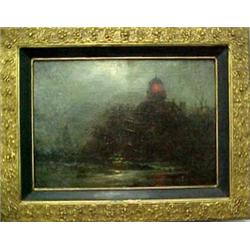 Framed oil on canvas, lighthouse/sailboat, signed F.D. Briscoe (L.R.) 1844-1903, listed Philadelp...