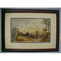 Framed watercolor, landscape with women and children and dog, signed J. Brodie 1867, English 19th...