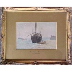 Framed watercolor, "The Barge, Harwick", coastal scene with men and ships, George Stanfield Walte...