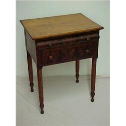 Mixed woods Sheraton sewing stand, rectangular top over two graduated drawers, top drawer with co...