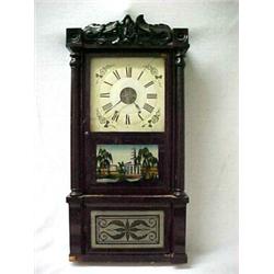Triple decker Transition clock, applied carved crest over tin dial with Roman numerals and flower...
