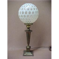 Spelter lamp, round opalescent shade with thumbprint pattern (round opening on top), on vase shap...
