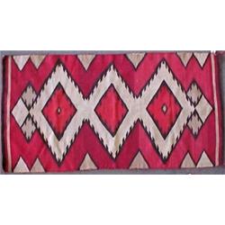 Navajo rug, with striped border on short ends only, red, dark brown , white and tan geometric des...