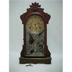 Walnut cased kitchen shelf clock, spring wind, glass door with image of woman riding dragon, meas...