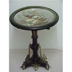 Ebonized walnut and bronze stand with porcelain dish top, hand painted bird and flower porcelain...