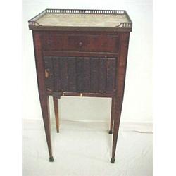 English inlaid mahogany veneer nightstand, brass gallery on inlaid marble top, over one drawer, h...