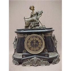 Ansonia black iron mantle clock "Pompeii", 10 3/4" high, 4 1/2" dial, spring, C.1890, eight day,...