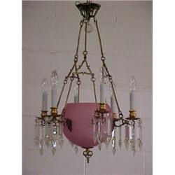 French bronze, cut crystal and pink satin glass chandelier, six arms extending out from pink ball...