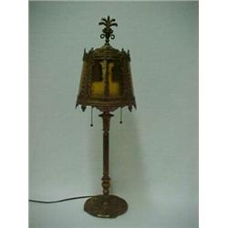 Gilt metal dresser lamp with gilt metal shade having four amber glass panels, lamp with fluted st...