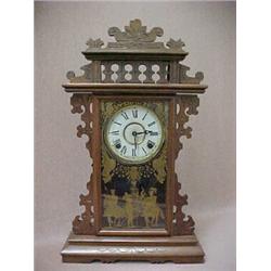 Walnut cased kitchen shelf clock, spring wind, strike, eight day, glass door with three knights,...