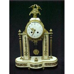 French bronze and marble mantle clock, birds on flower basket finial, porcelain dial, with swag a...