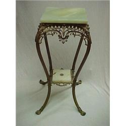 Brass stand, square pale green alabaster top over fancy scroll apron, square alabaster undershelf...