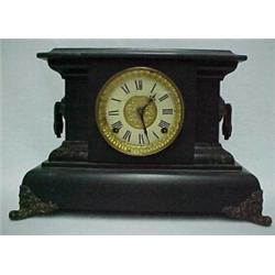 Painted wood cased mantle clock by Seth Thomas, spring wind, eight day, strike, brass handles and...