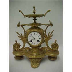 French bronze mantle clock, stylized Art Nouveau case with porcelain dial, stamped inside Brevete...