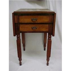 Cherry Sheraton drop-leaf sewing stand, two drawers, block turned legs, mid 19th C., measures 28...