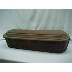 Walnut Victorian small child's coffin, glass pane on lid, with removeable wooden cover, molded tr...