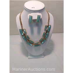 Gold Plated Designer Necklace/Pendant and Earrings With Jade Color Resin Stones