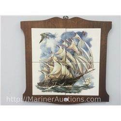 Tile Plaque of Sailing Ship on Wood