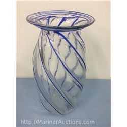 Large Hand Blown Blue and Clear Art Glass Vase