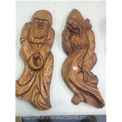2 Hand Carved Signed Solid Wood Figurative Wall Hangings (18.5" and 17.5" high)