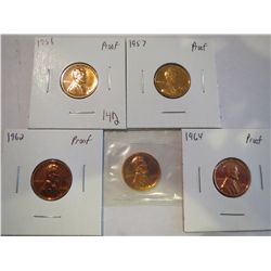 Lincoln "Proof" Pennies: 1956, 1957, 1962, 1963 & 1964